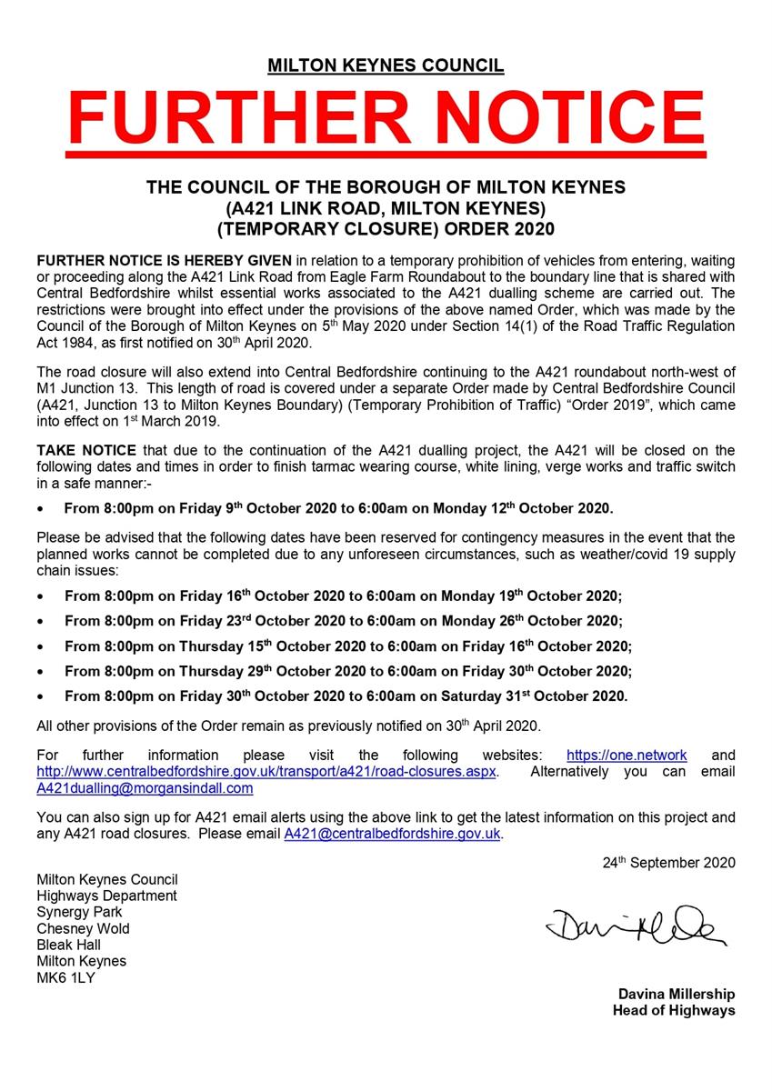 Upcoming A421 closure Bletchley and Fenny Stratford Town Council